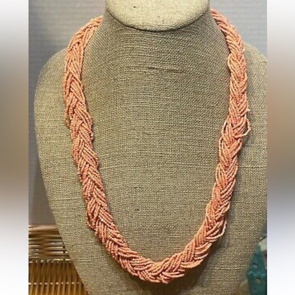 Vintage Long Coral Pink Seed Beaded Strands Braided Elegant Necklace